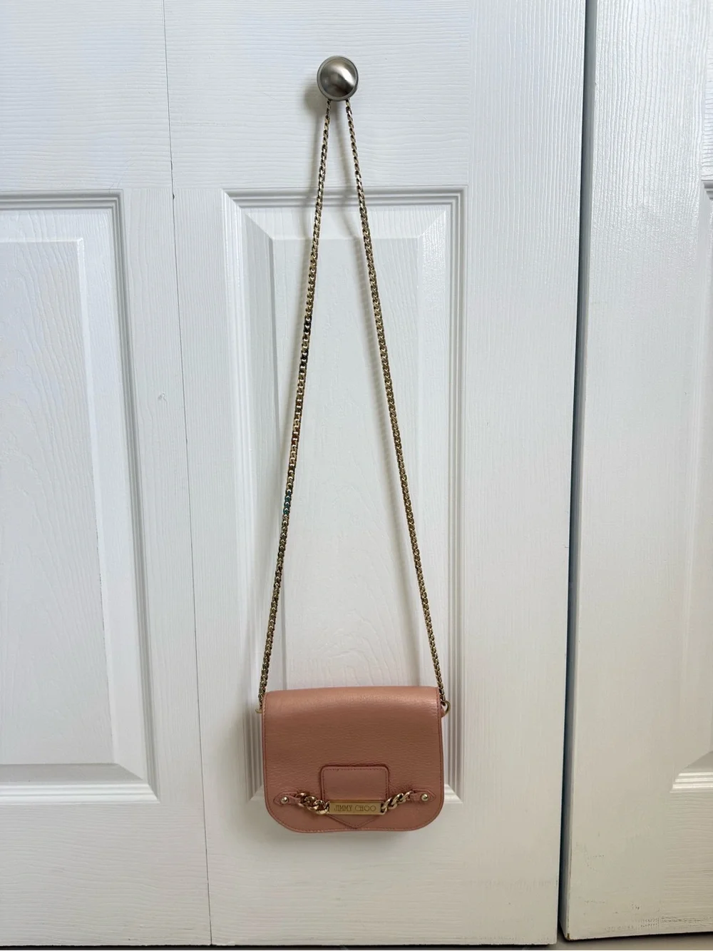Jimmy Choo Pink Pebbled Leather Crossbody with Gold Chain